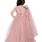 Peach Floral Appliqué Gown with Shoulder Bow – Girls' Designer Party Dress