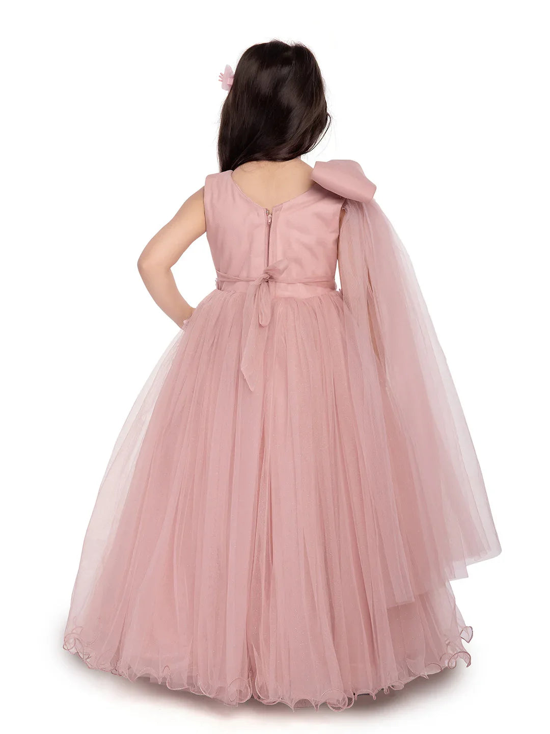 Peach Floral Appliqué Gown with Shoulder Bow – Girls' Designer Party Dress