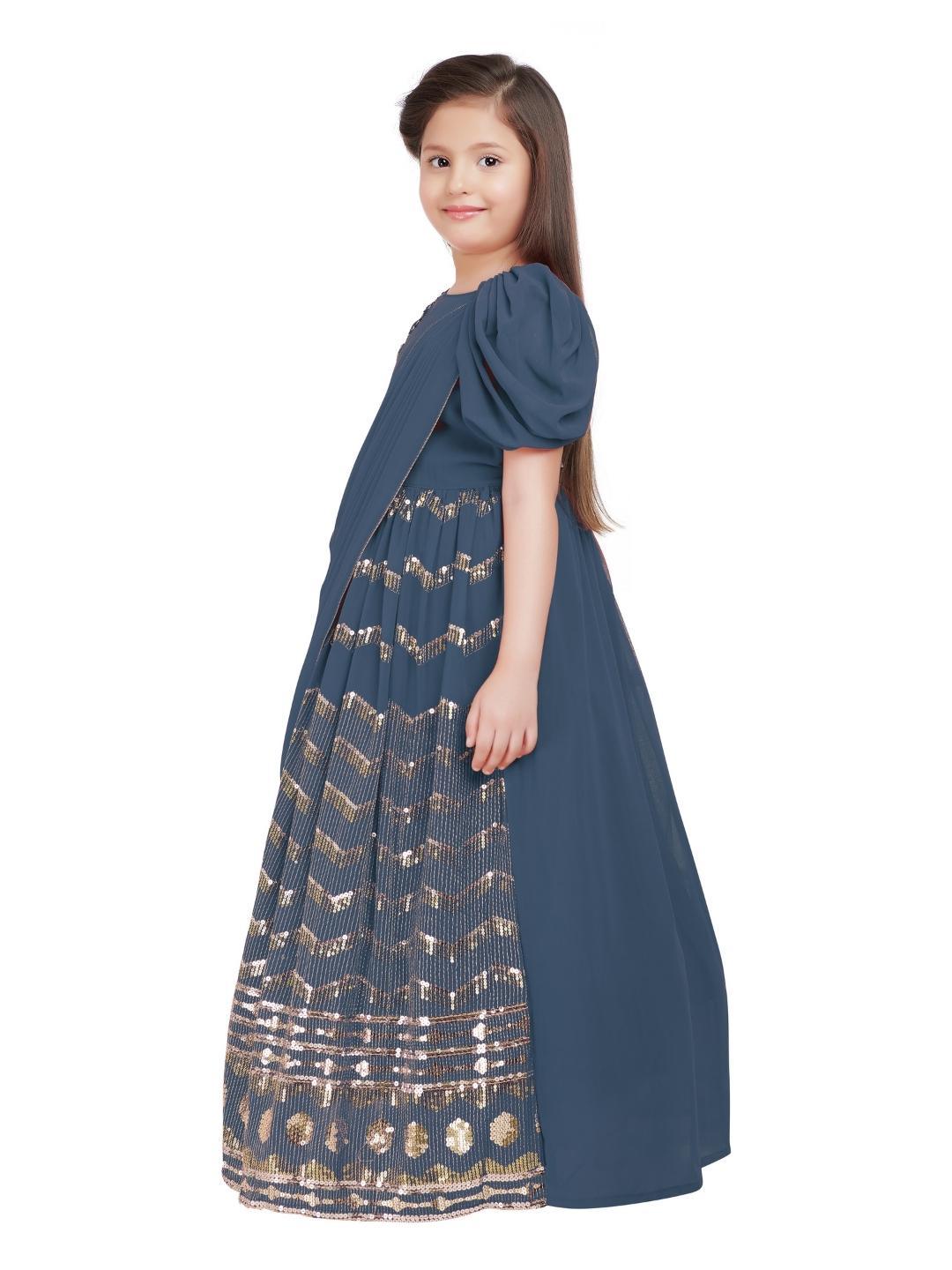 Grey Embellished Georgette With Saree Style Dupatta Attached Gown For Girls - Betty Ethnic India - Gown - Betty Girls Wear Online