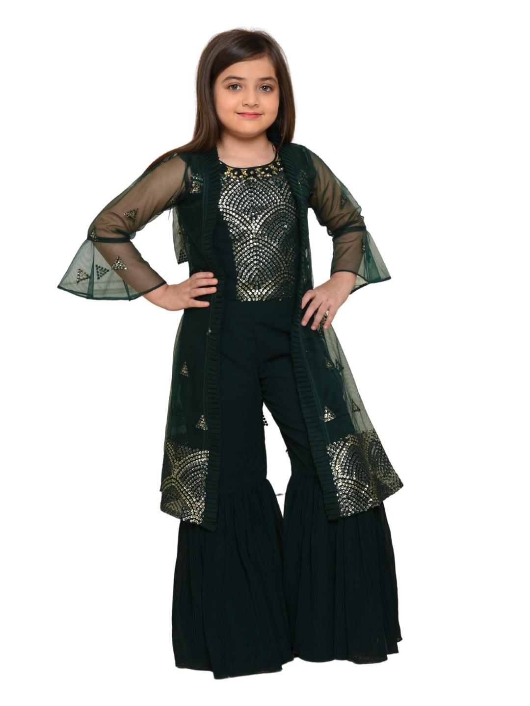 Bottle Green Coloured Gharara / Sharara Set For Girls - Betty Ethnic India - Gharara / Sharara Set - Betty Girls Wear Online