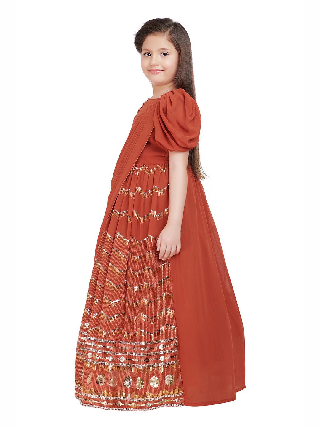 Rust Embellished Georgette With Saree Style Dupatta Attached Gown For Girls - Betty Ethnic India - Gown - Betty Girls Wear Online