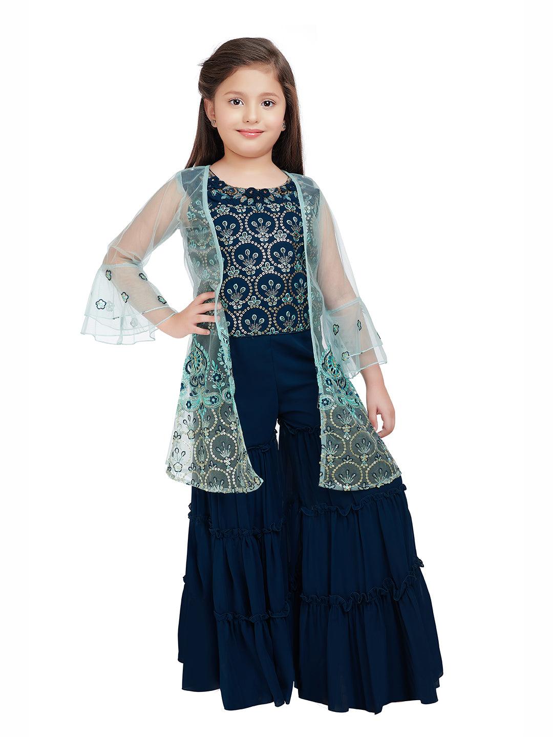 Peacock Blue Coloured Gharara / Sharara Set With Jacket For Girls - Betty Ethnic India - Gharara / Sharara Set - Betty Girls Wear Online