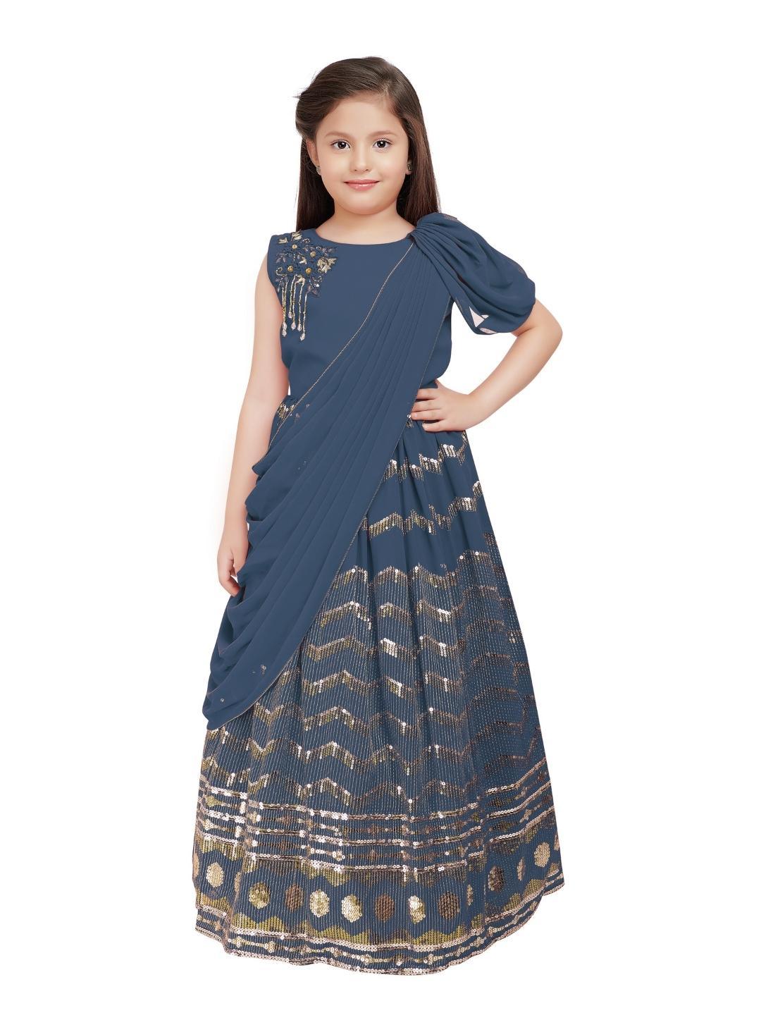 Grey Embellished Georgette With Saree Style Dupatta Attached Gown For Girls - Betty Ethnic India - Gown - Betty Girls Wear Online