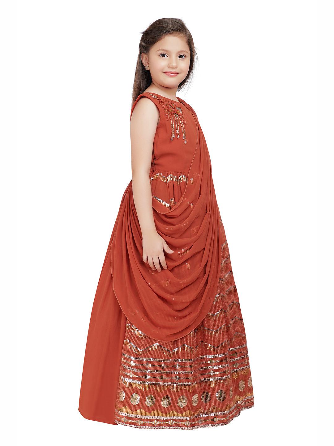 Rust Embellished Georgette With Saree Style Dupatta Attached Gown For Girls - Betty Ethnic India - Gown - Betty Girls Wear Online