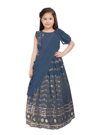 Rust Embellished Georgette With Saree Style Dupatta Attached Gown For Girls - Betty Ethnic India - Gown - Betty Girls Wear Online