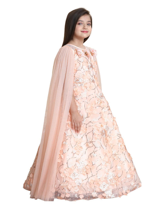 Peach Coloured Floral Imported Net Double Sided Sleeve Styled Gown For Girls - Betty Ethnic India - Gown - Betty Girls Wear Online