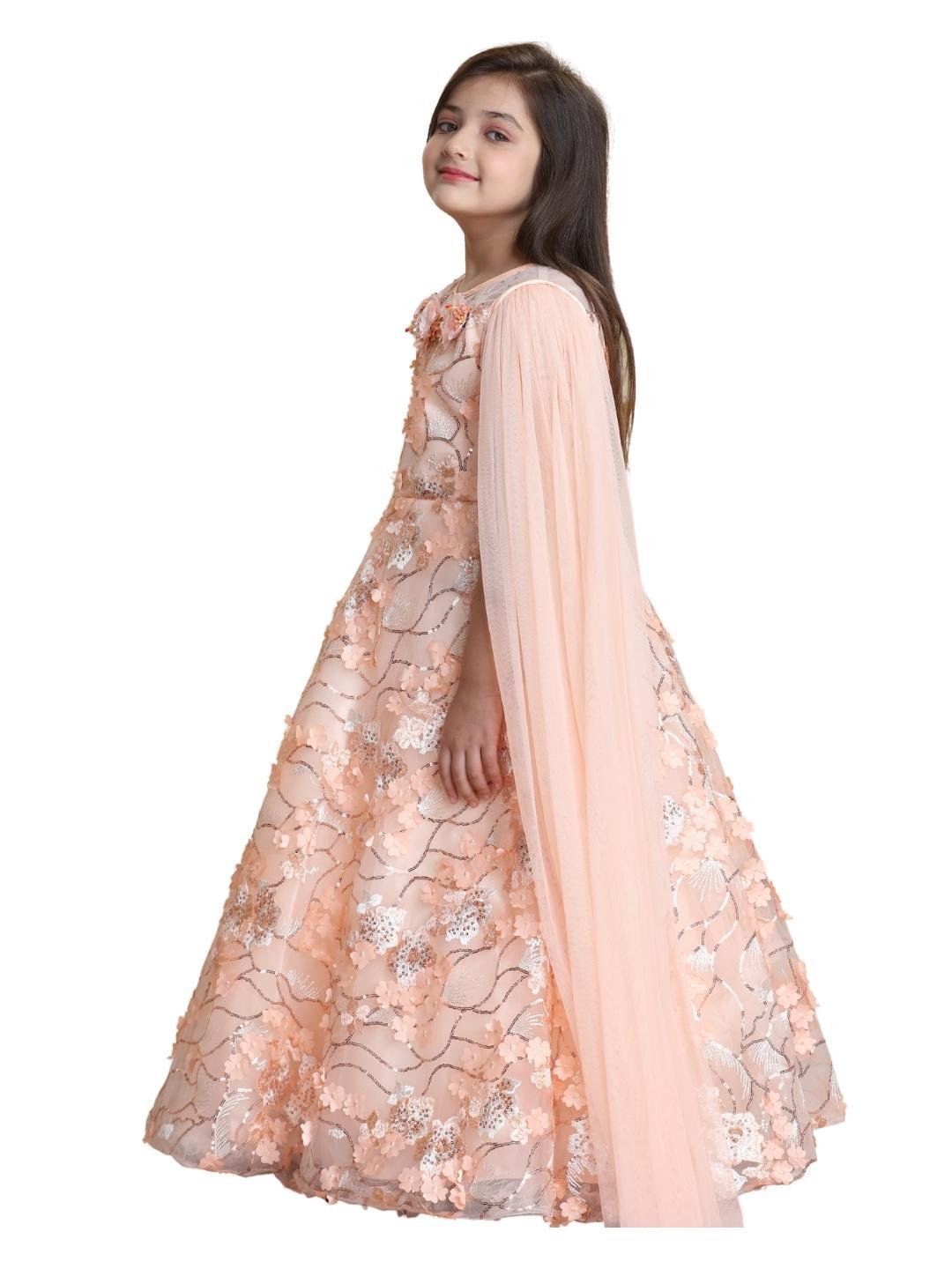 Peach Coloured Floral Imported Net Double Sided Sleeve Styled Gown For Girls - Betty Ethnic India - Gown - Betty Girls Wear Online