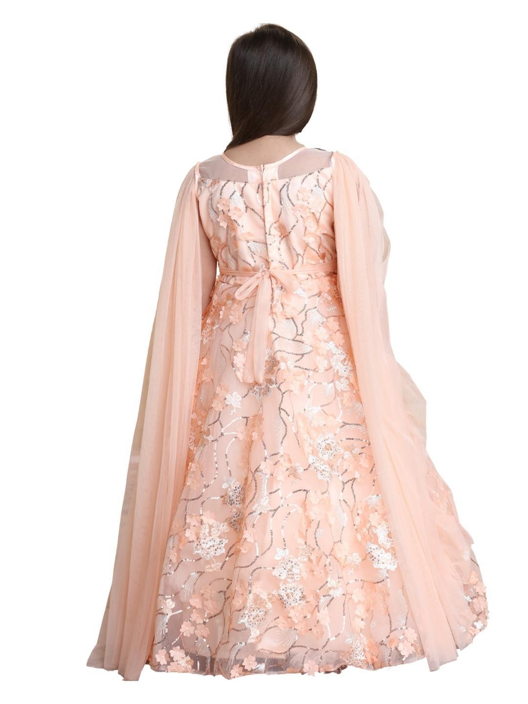 Peach Coloured Floral Imported Net Double Sided Sleeve Styled Gown For Girls - Betty Ethnic India - Gown - Betty Girls Wear Online