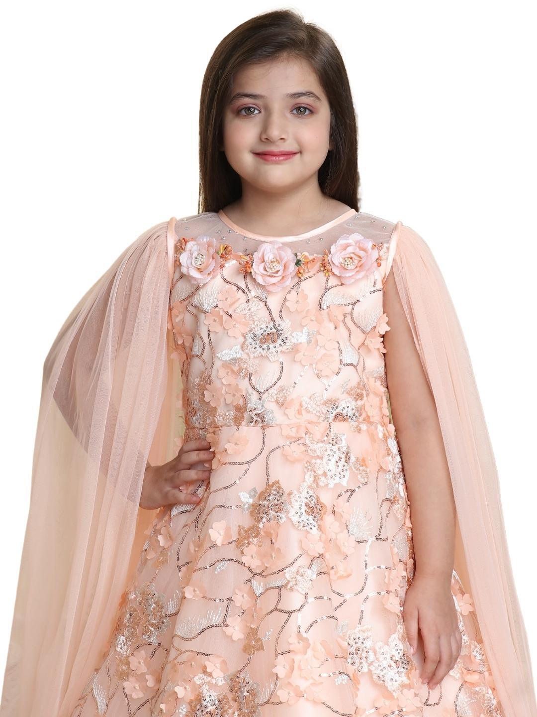 Peach Coloured Floral Imported Net Double Sided Sleeve Styled Gown For Girls - Betty Ethnic India - Gown - Betty Girls Wear Online
