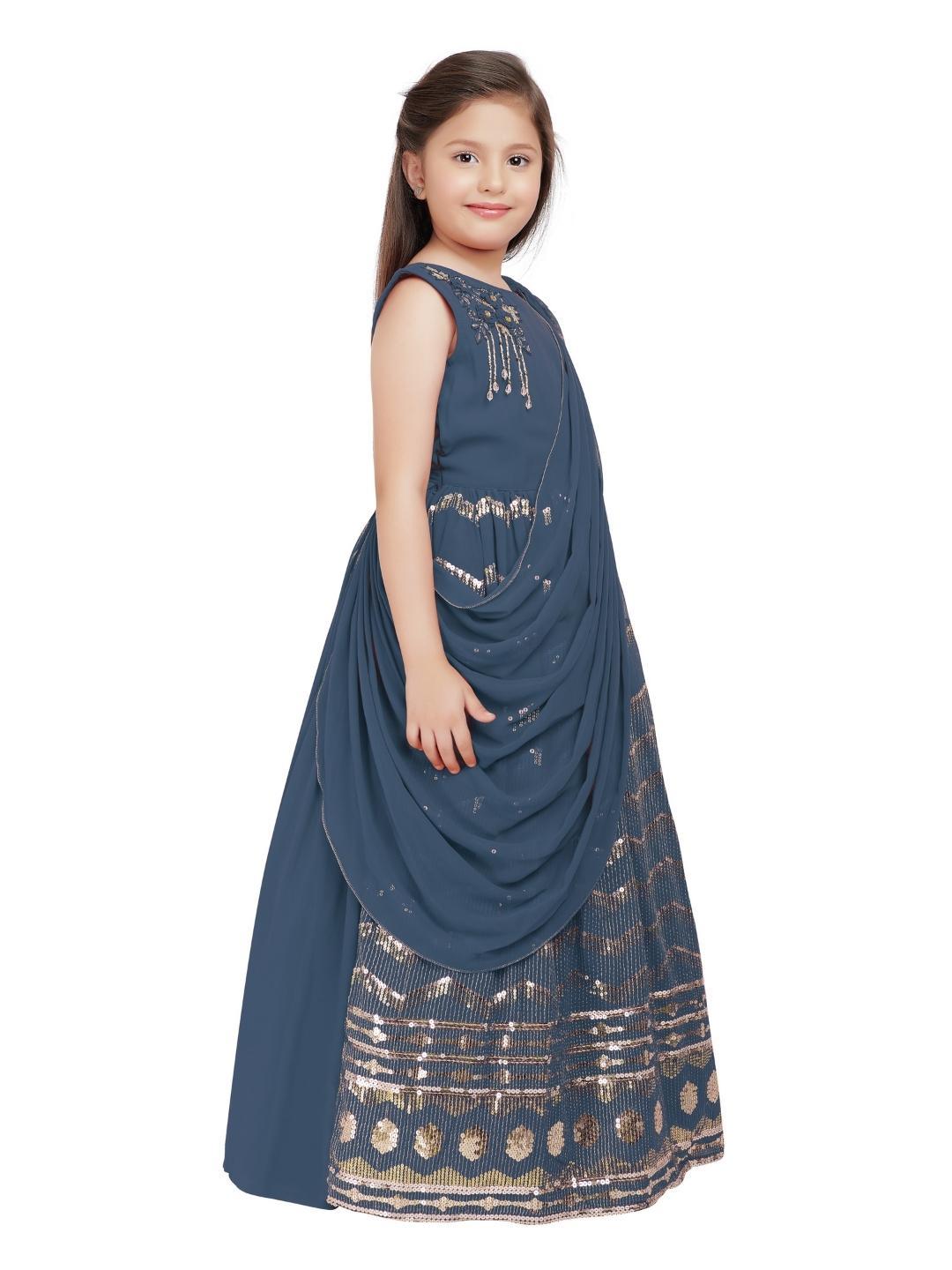 Grey Embellished Georgette With Saree Style Dupatta Attached Gown For Girls - Betty Ethnic India - Gown - Betty Girls Wear Online