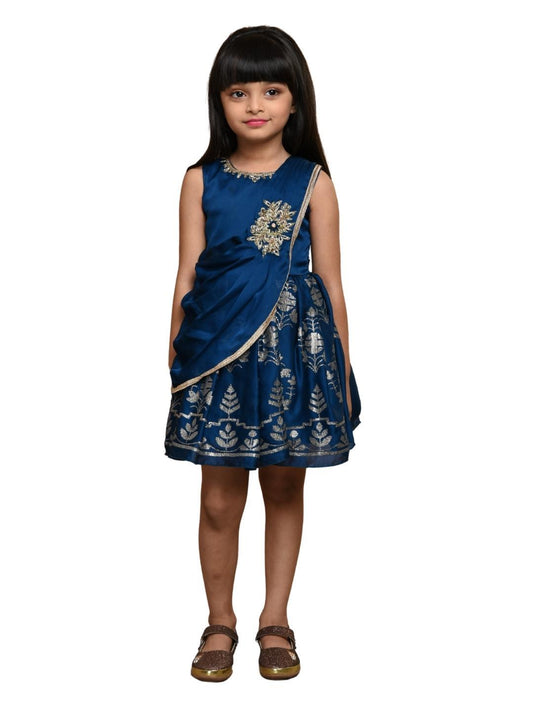 Peacock Blue Floral Georgette A-Line Party Wear Frock With Dupatta For Girls - Betty Ethnic India - Frock - Betty Girls Wear Online