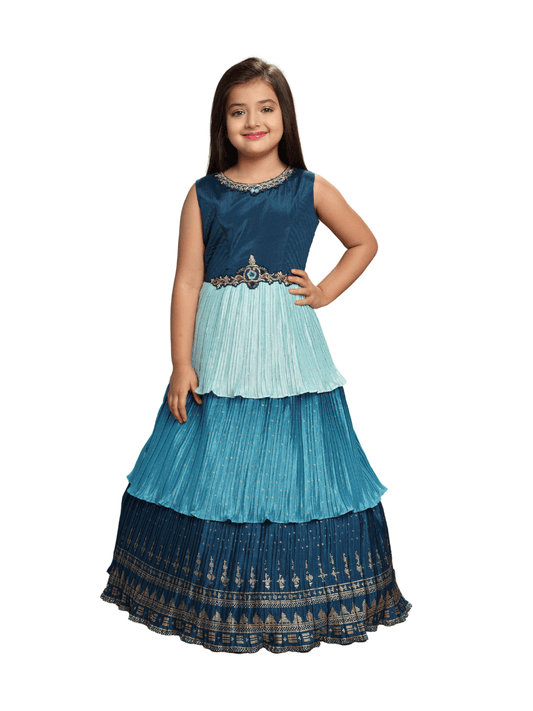 Blue Colour 3 Layered Design Chinon Fabric Ethnic Gown For Girls - Betty Ethnic India - Gown - Betty Girls Wear Online