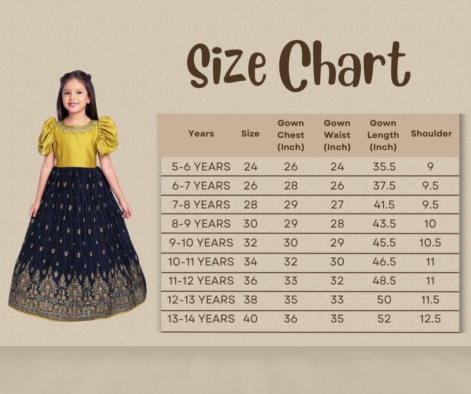 Mustard & Navy Blue Coloured Floral Embroidered Satin Puff Sleeves Styled Gown For Girls - Betty Ethnic India - Gown - Betty Girls Wear Online
