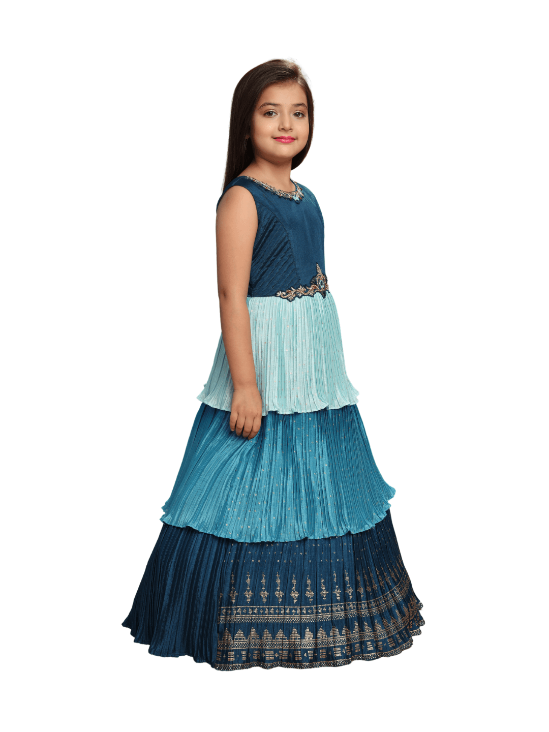 Blue Colour 3 Layered Design Chinon Fabric Ethnic Gown For Girls - Betty Ethnic India - Gown - Betty Girls Wear Online