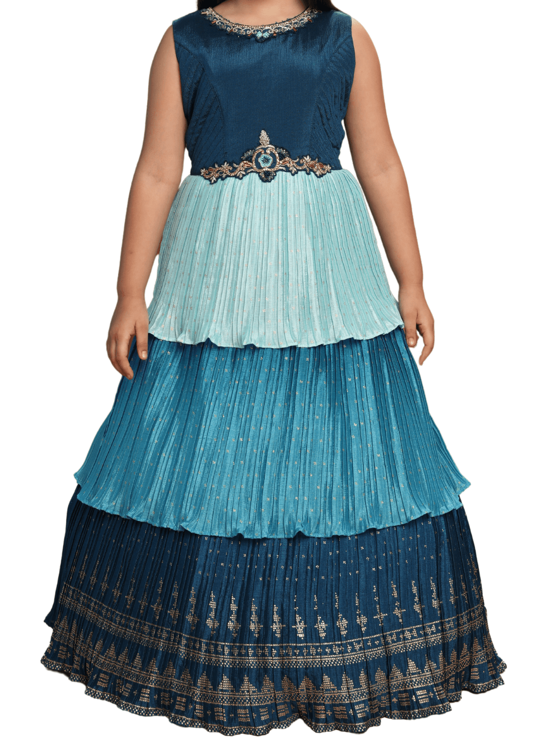 Blue Colour 3 Layered Design Chinon Fabric Ethnic Gown For Girls - Betty Ethnic India - Gown - Betty Girls Wear Online