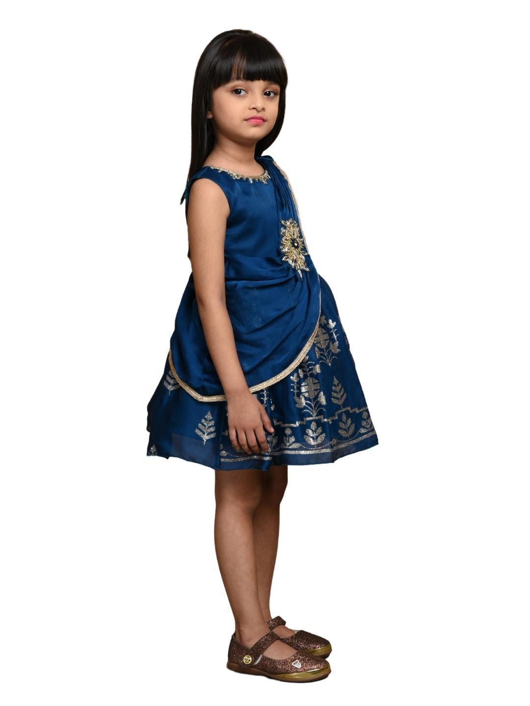 Peacock Blue Floral Georgette A-Line Party Wear Frock With Dupatta For Girls - Betty Ethnic India - Frock - Betty Girls Wear Online