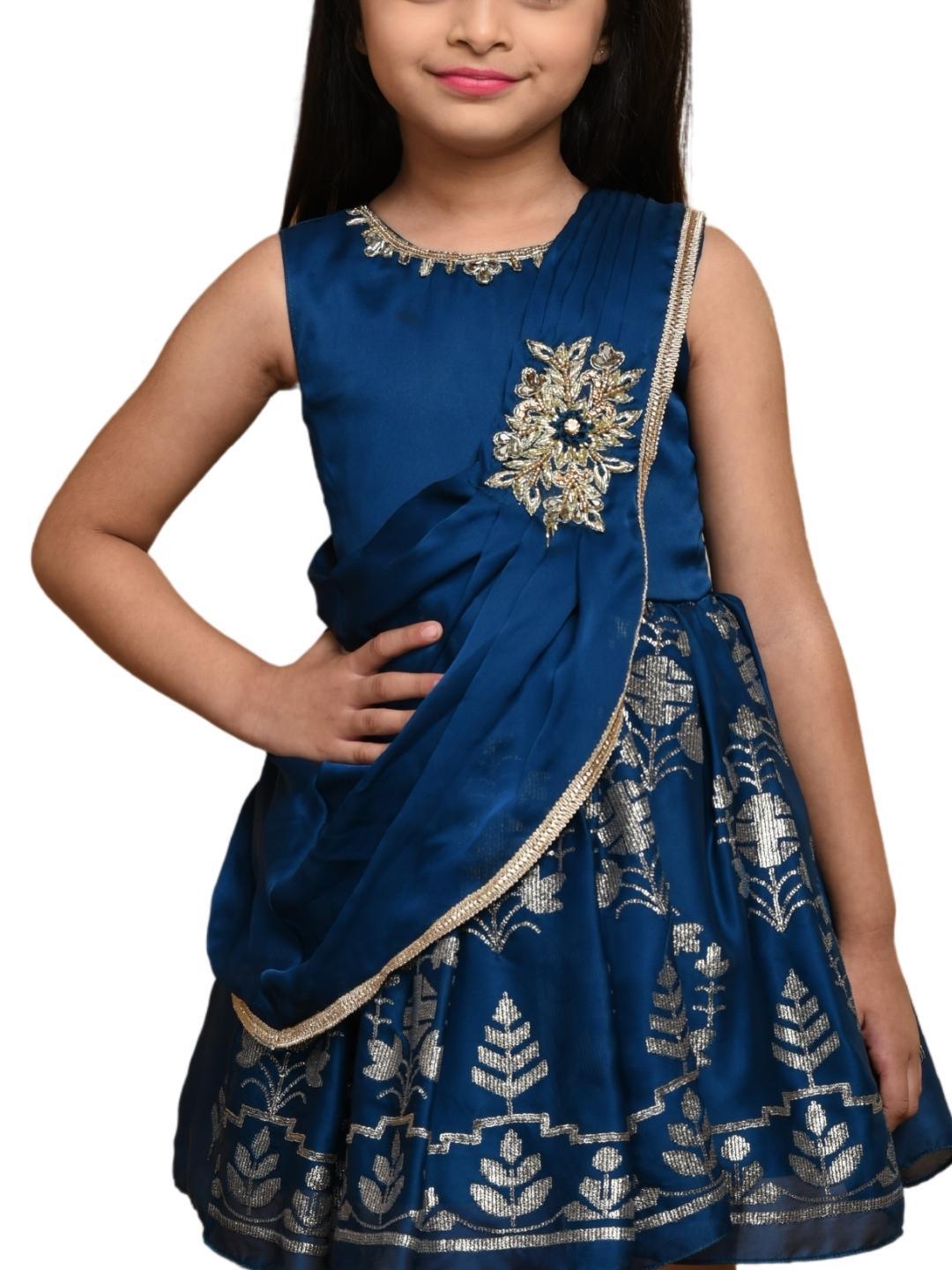 Peacock Blue Floral Georgette A-Line Party Wear Frock With Dupatta For Girls - Betty Ethnic India - Frock - Betty Girls Wear Online