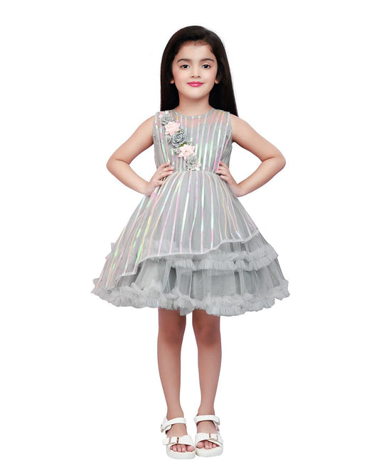 Grey Coloured Stripe Style Pattern Frock For Girls - Betty Ethnic India - Frock - Betty Girls Wear Online