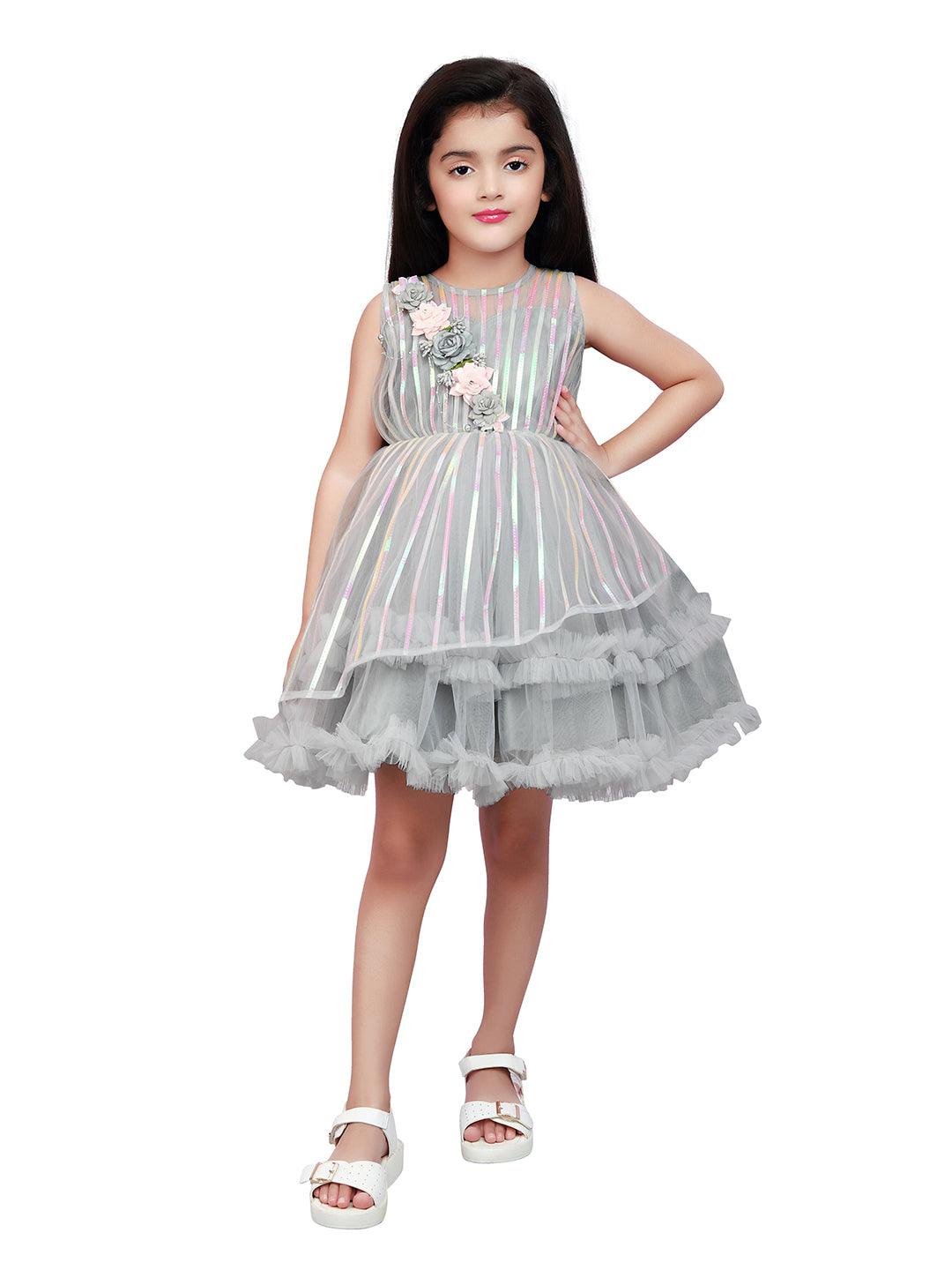 Grey Coloured Stripe Style Pattern Frock For Girls - Betty Ethnic India - Frock - Betty Girls Wear Online