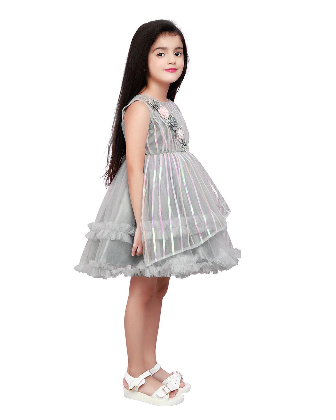 Grey Coloured Stripe Style Pattern Frock For Girls - Betty Ethnic India - Frock - Betty Girls Wear Online