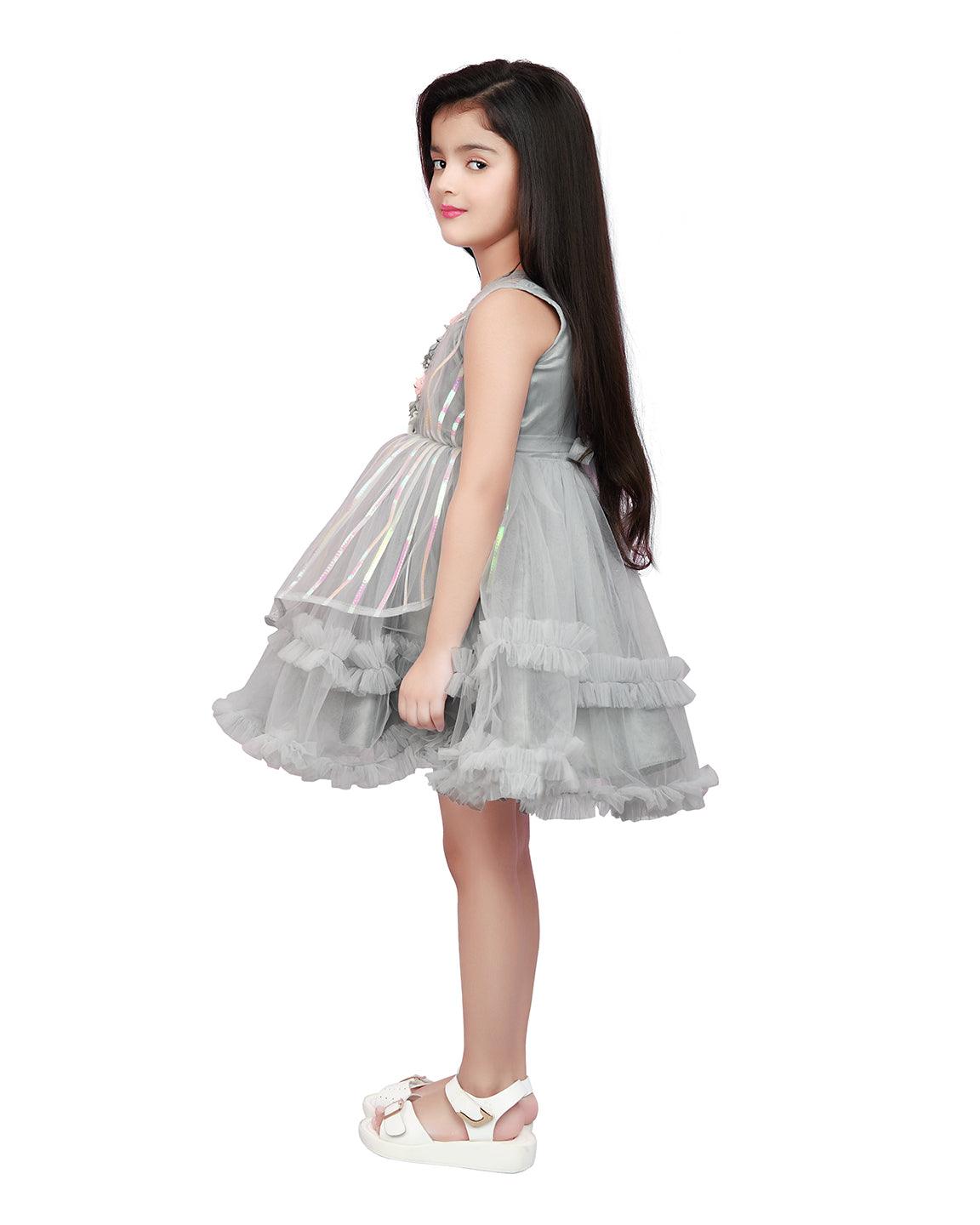 Grey Coloured Stripe Style Pattern Frock For Girls - Betty Ethnic India - Frock - Betty Girls Wear Online