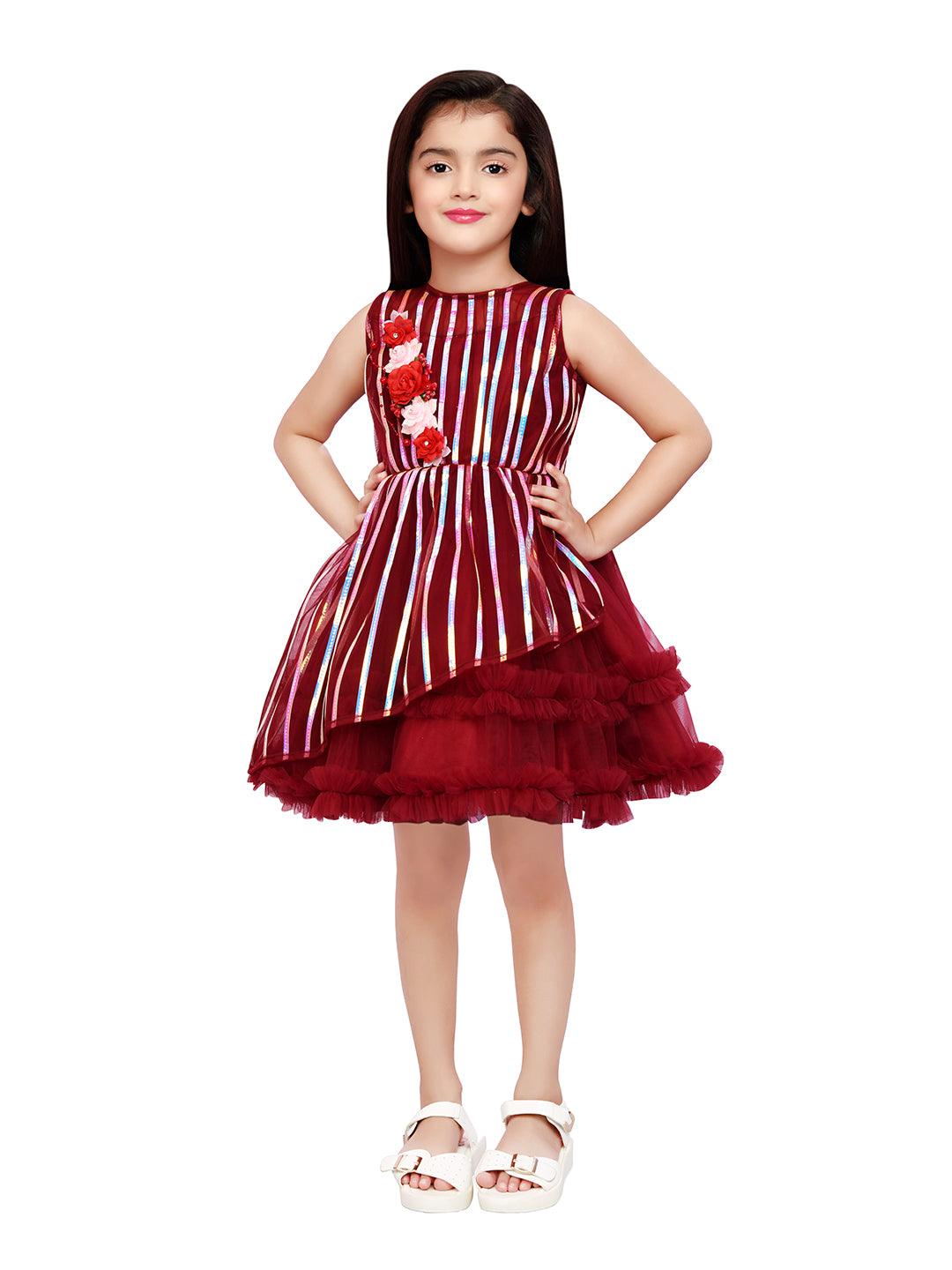 Maroon Coloured Stripe Style Pattern Frock For Girls - Betty Ethnic India - Frock - Betty Girls Wear Online