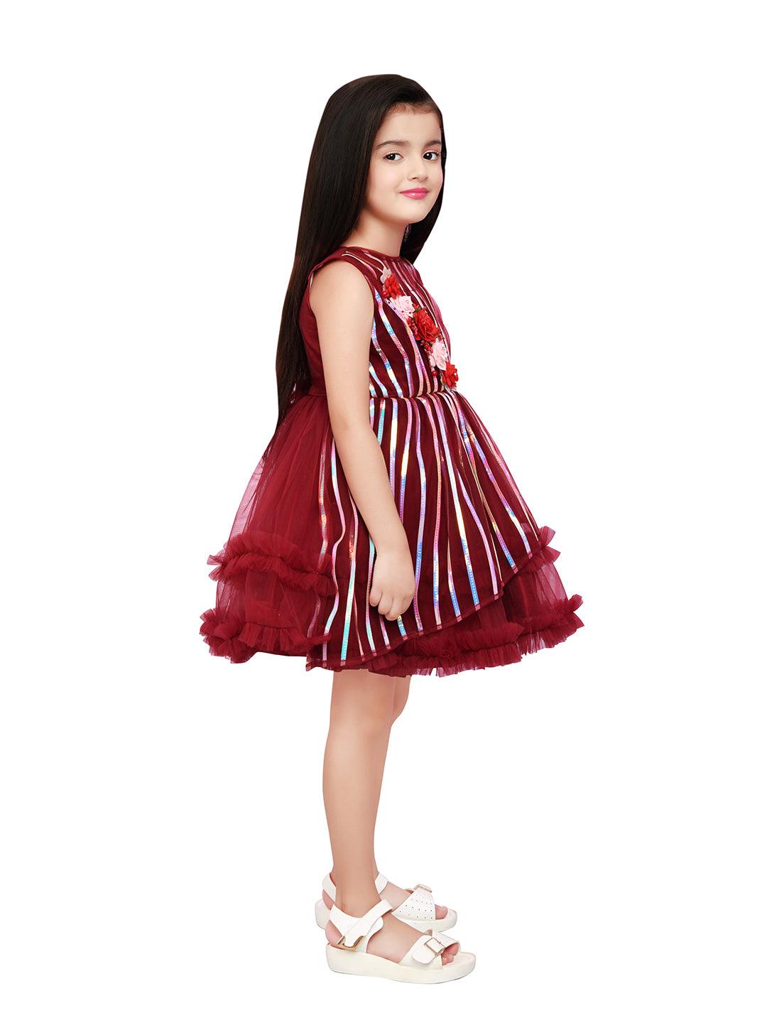 Maroon Coloured Stripe Style Pattern Frock For Girls - Betty Ethnic India - Frock - Betty Girls Wear Online