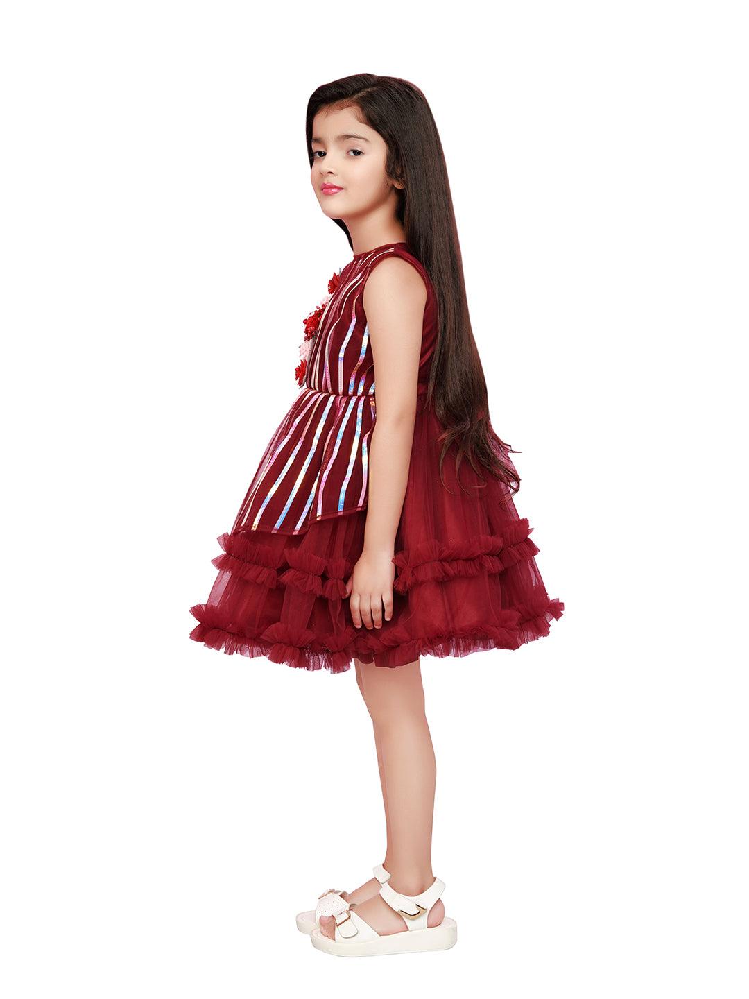 Maroon Coloured Stripe Style Pattern Frock For Girls - Betty Ethnic India - Frock - Betty Girls Wear Online