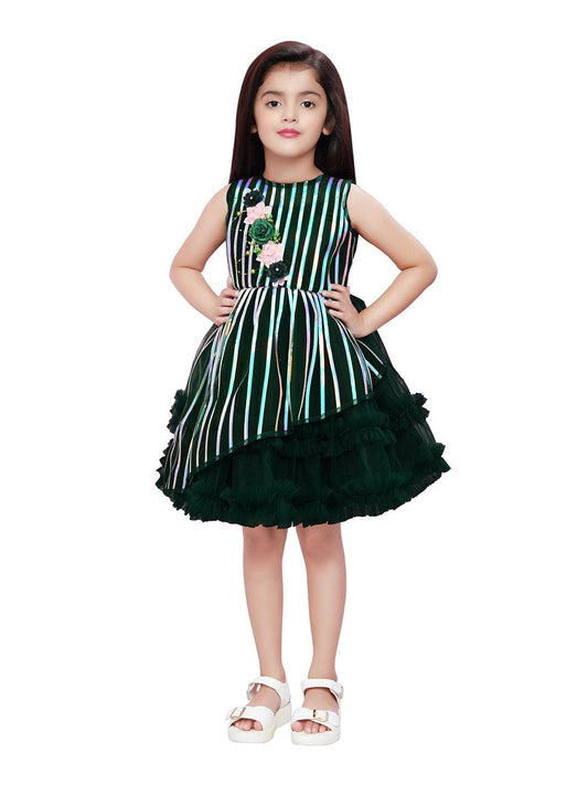 Bottle Green Coloured Stripe Style Pattern Frock For Girls - Betty Ethnic India - Frock - Betty Girls Wear Online