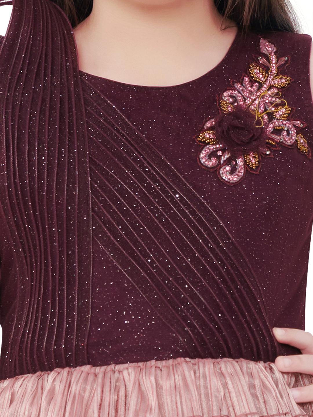 Wine Shimmer Velvet Gown Embellished with Elegant Floral Designs and 3D  Flowers