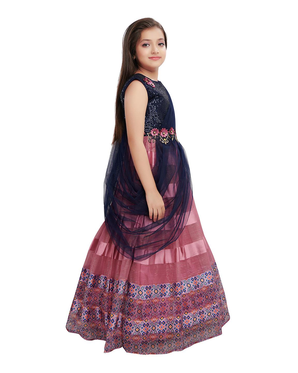 Wine Coloured Saree Style Maxi Dress Gown For Girls - Betty Ethnic India - Gown - Betty Girls Wear Online