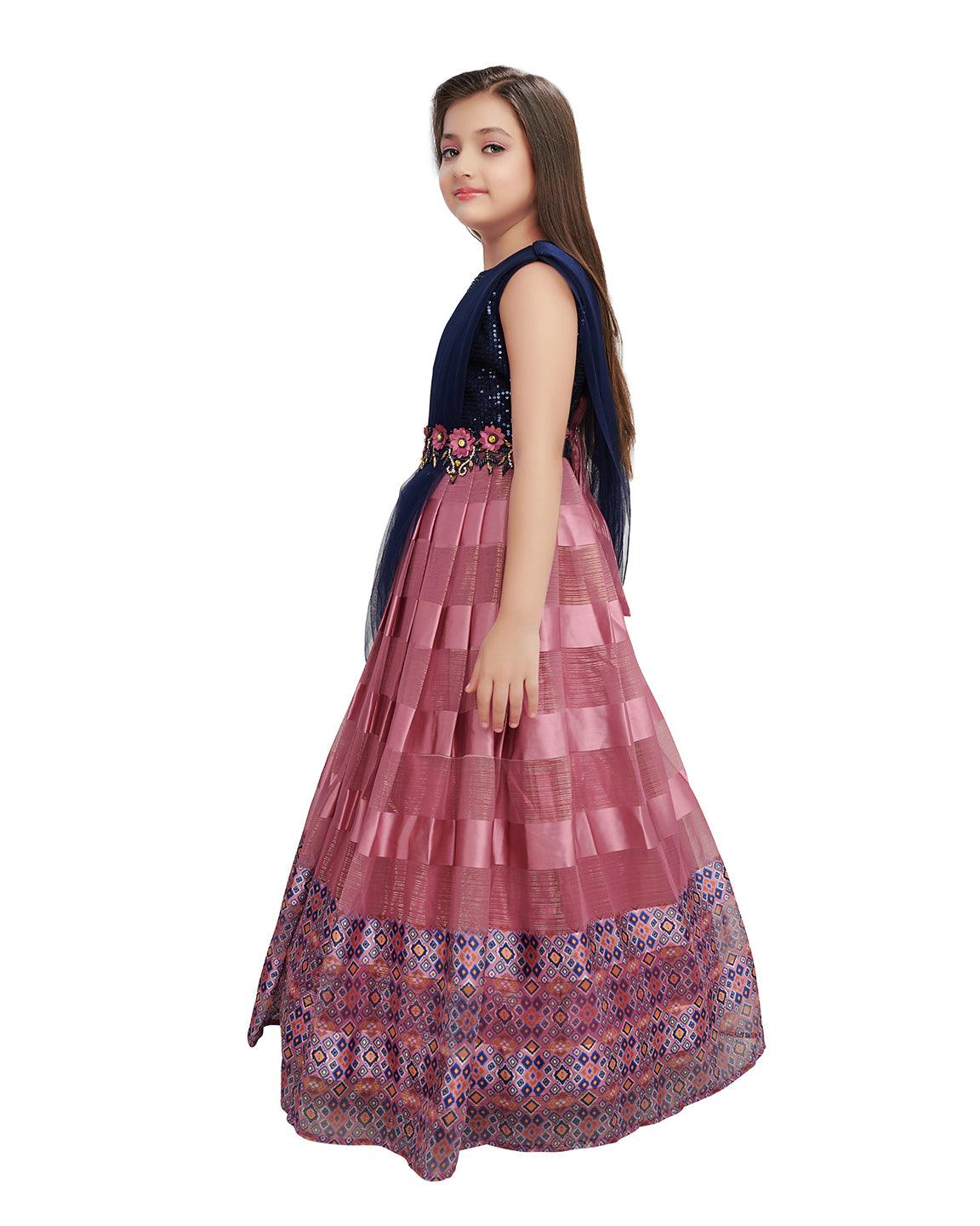 Wine Coloured Saree Style Maxi Dress Gown For Girls - Betty Ethnic India - Gown - Betty Girls Wear Online