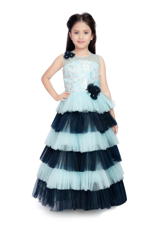 Blue Coloured Layered Maxi Dress Trendy Frill Concept Gown For Girls - Betty Ethnic India - Gown - Betty Girls Wear Online