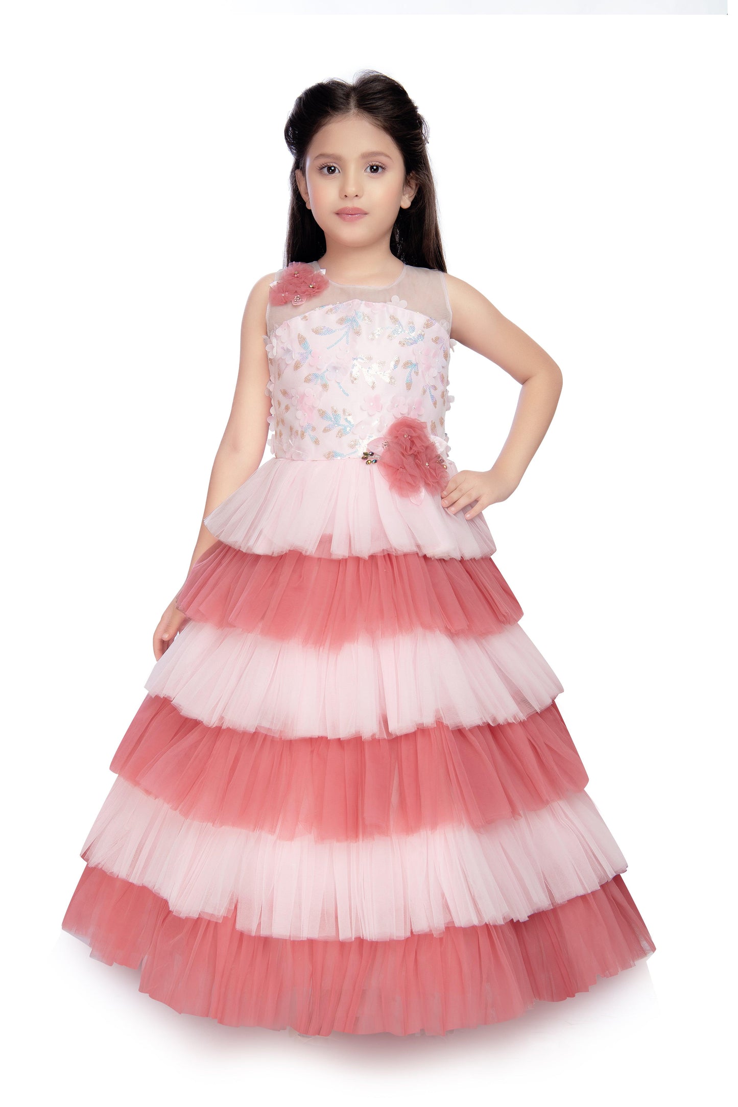 Pink Coloured Layered Maxi Dress Trendy Frill Concept Gown For Girls - Betty Ethnic India - Gown - Betty Girls Wear Online