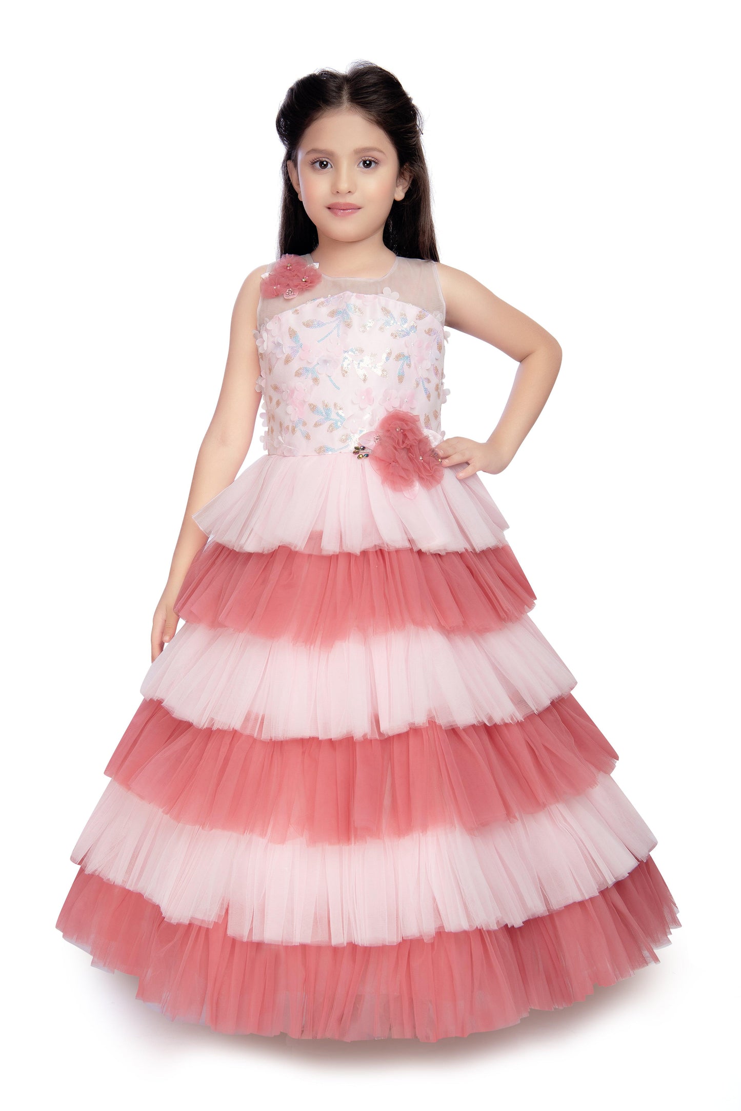 Pink Coloured Layered Maxi Dress Trendy Frill Concept Gown For Girls - Betty Ethnic India - Gown - Betty Girls Wear Online