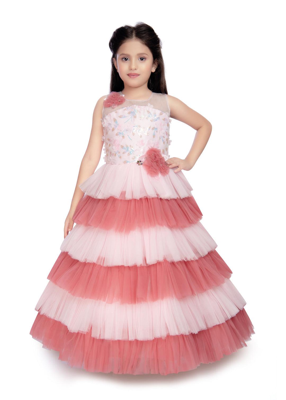 Pink Coloured Layered Maxi Dress Trendy Frill Concept Gown For Girls - Betty Ethnic India - Gown - Betty Girls Wear Online