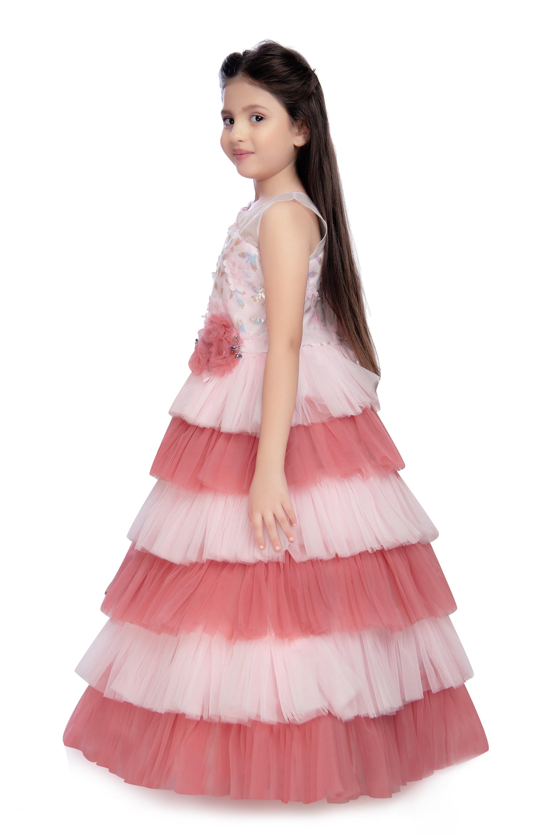 Pink Coloured Layered Maxi Dress Trendy Frill Concept Gown For Girls - Betty Ethnic India - Gown - Betty Girls Wear Online