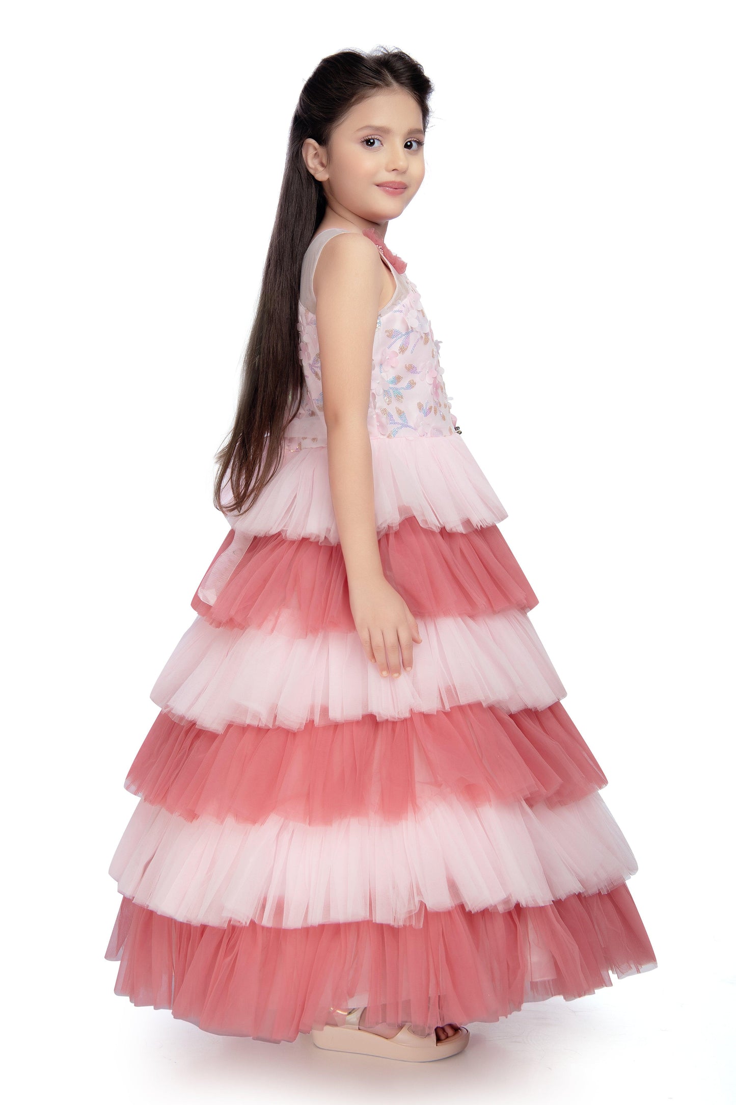 Pink Coloured Layered Maxi Dress Trendy Frill Concept Gown For Girls - Betty Ethnic India - Gown - Betty Girls Wear Online