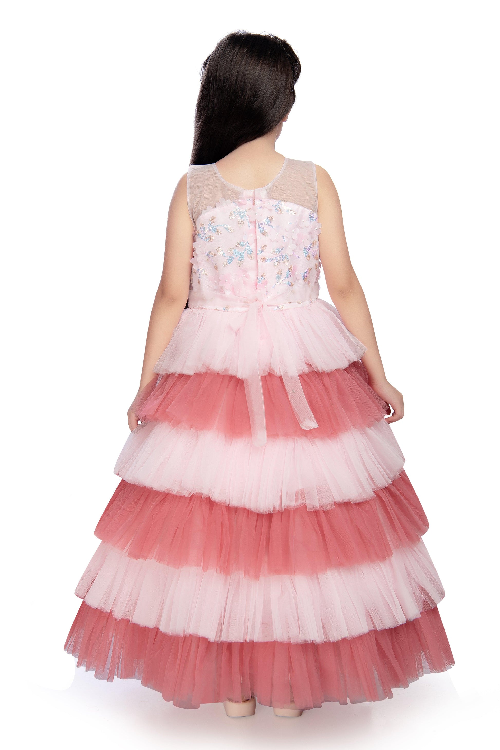 Pink Coloured Layered Maxi Dress Trendy Frill Concept Gown For Girls - Betty Ethnic India - Gown - Betty Girls Wear Online