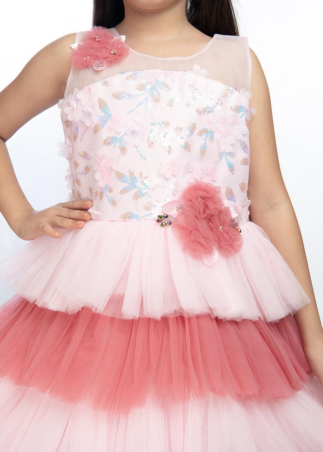 Pink Coloured Layered Maxi Dress Trendy Frill Concept Gown For Girls - Betty Ethnic India - Gown - Betty Girls Wear Online