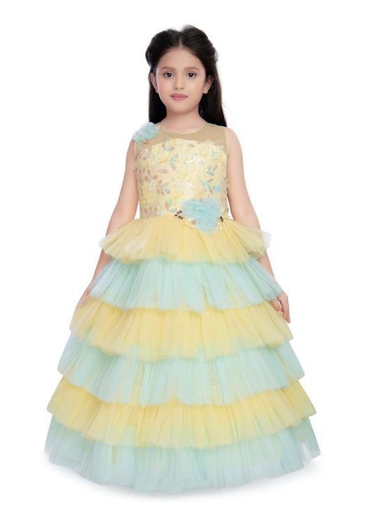 Lemon Coloured Layered Maxi Dress Trendy Frill Concept Gown For Girls - Betty Ethnic India - Gown - Betty Girls Wear Online