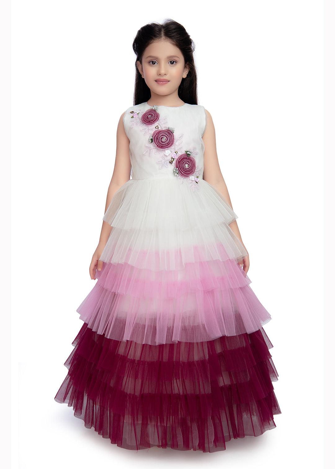 Wine Coloured Layered Pattern Maxi Dress Gown For Girls - Betty Ethnic India - Gown - Betty Girls Wear Online
