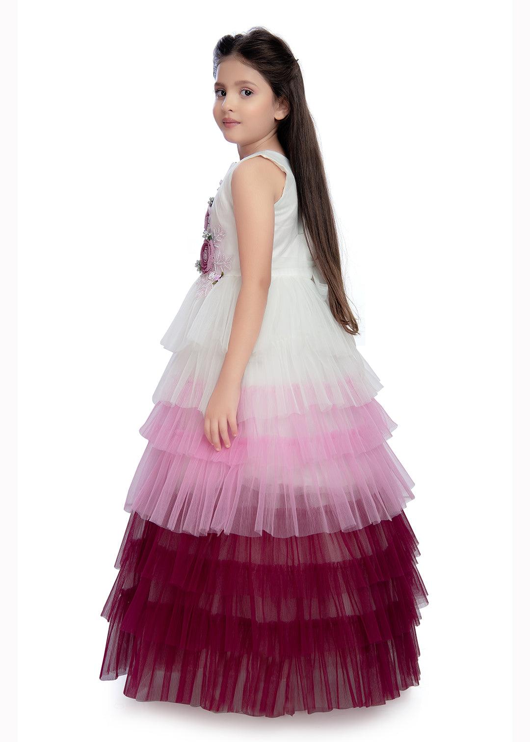 Wine Coloured Layered Pattern Maxi Dress Gown For Girls - Betty Ethnic India - Gown - Betty Girls Wear Online