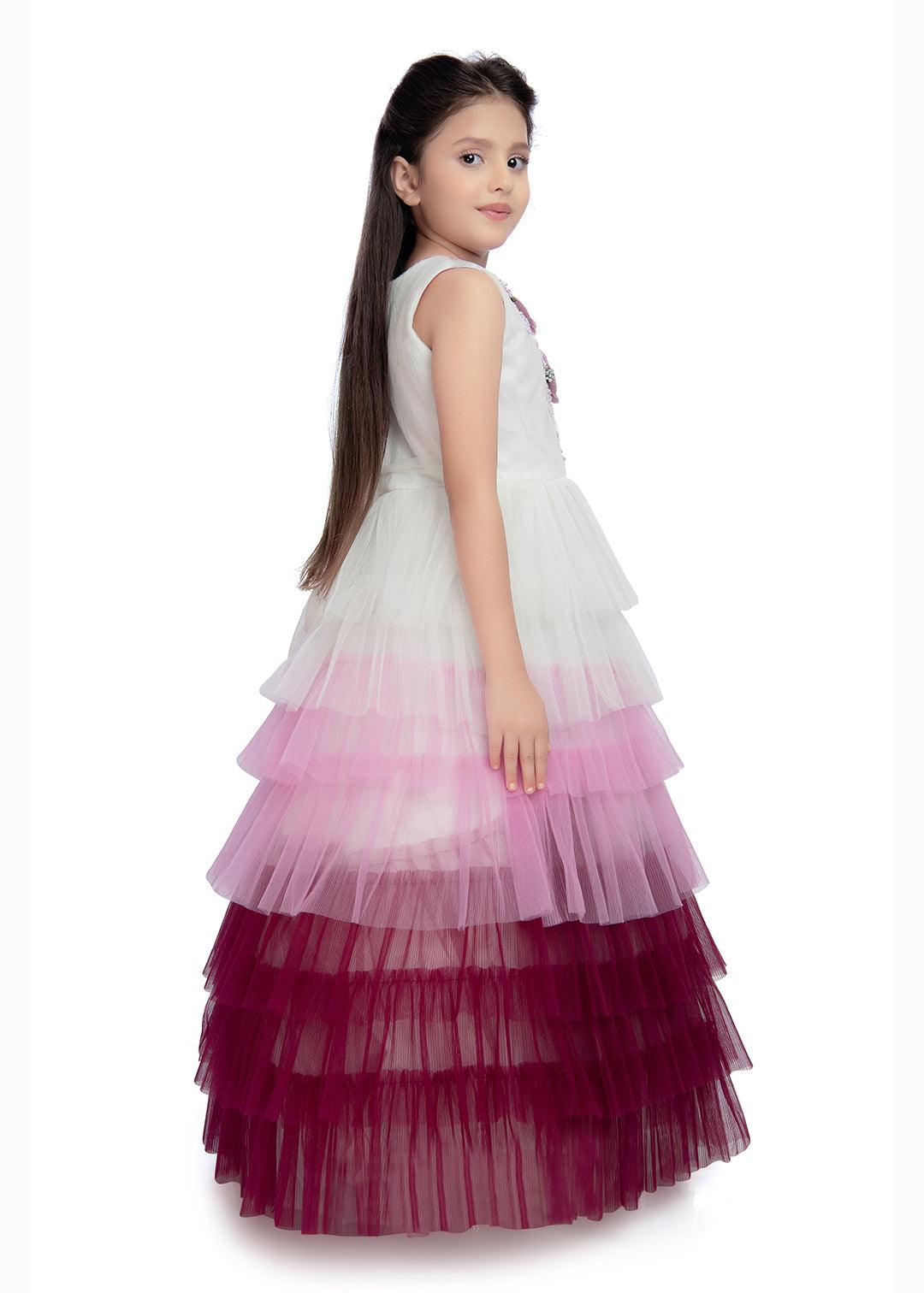 Wine Coloured Layered Pattern Maxi Dress Gown For Girls - Betty Ethnic India - Gown - Betty Girls Wear Online