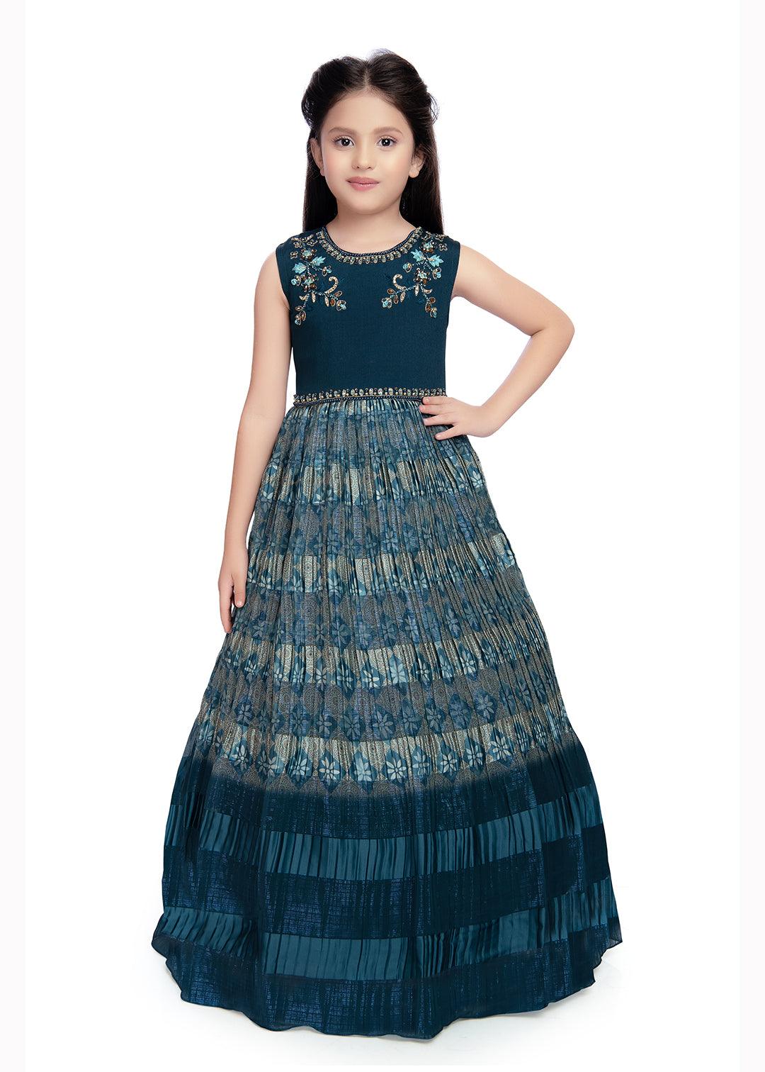 Teal Coloured Hand Embroidery Maxi Dress Gown For Girls - Betty Ethnic India - Gown - Betty Girls Wear Online