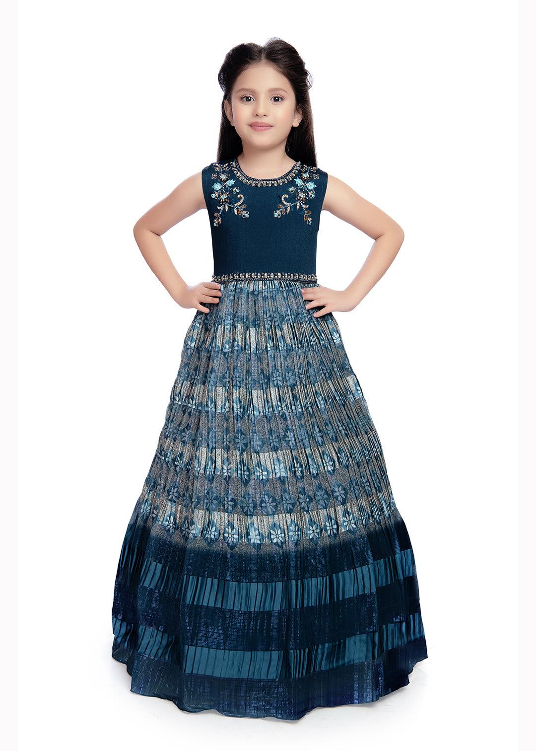 Teal Coloured Hand Embroidery Maxi Dress Gown For Girls - Betty Ethnic India - Gown - Betty Girls Wear Online