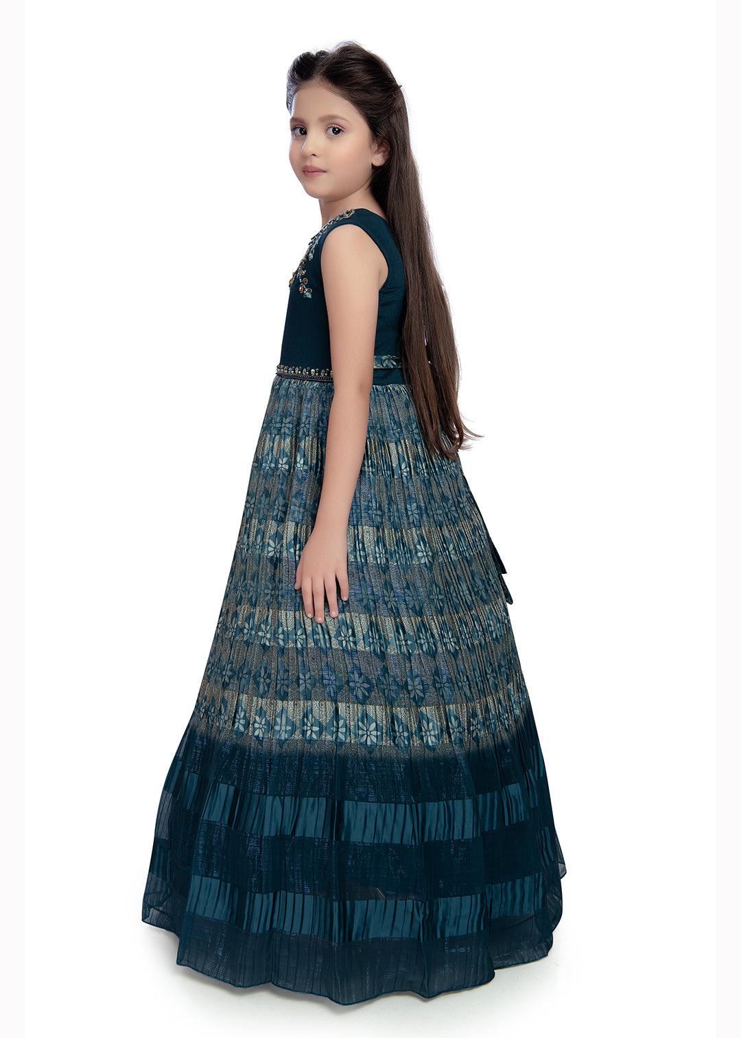 Teal Coloured Hand Embroidery Maxi Dress Gown For Girls - Betty Ethnic India - Gown - Betty Girls Wear Online