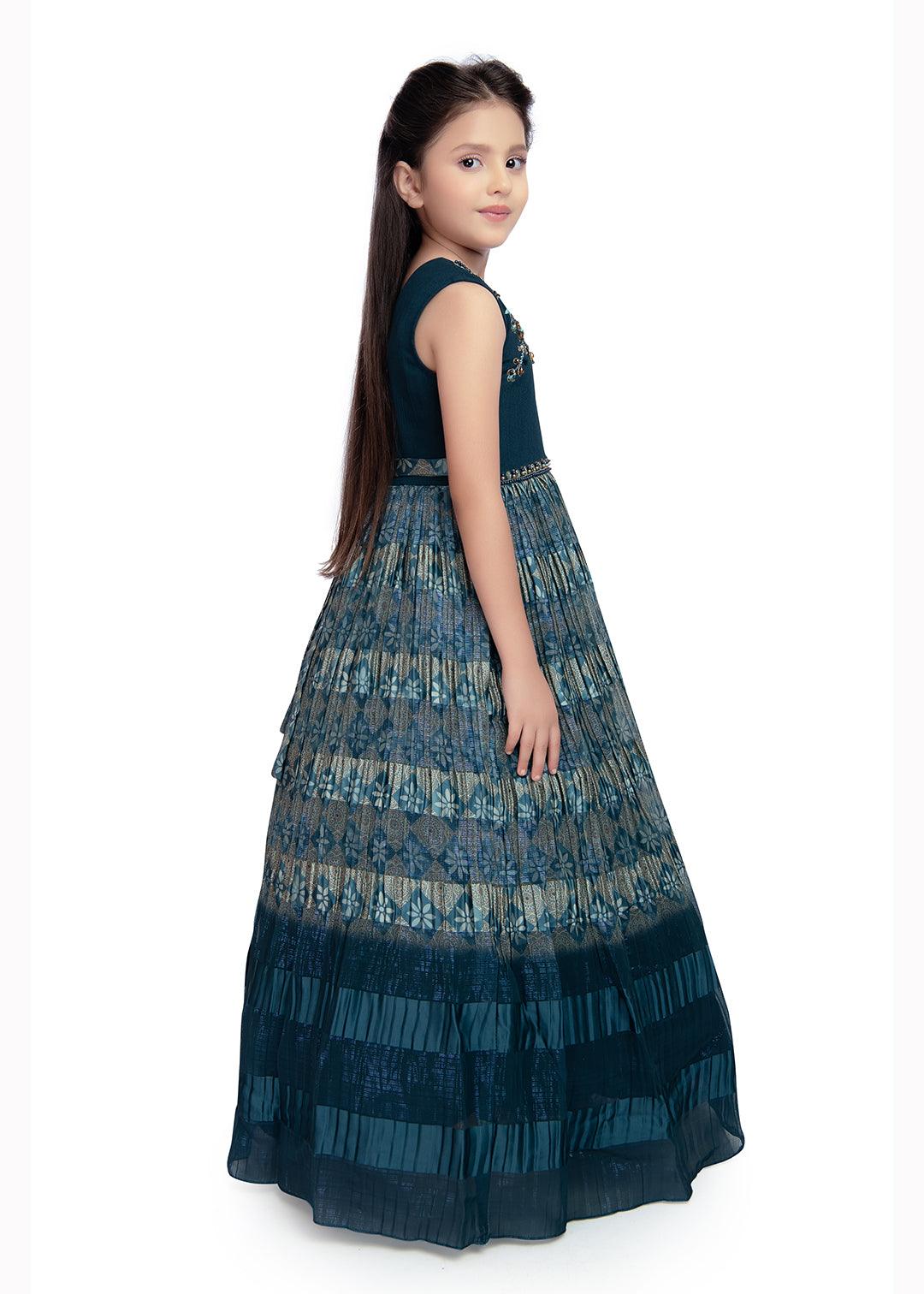 Teal Coloured Hand Embroidery Maxi Dress Gown For Girls - Betty Ethnic India - Gown - Betty Girls Wear Online