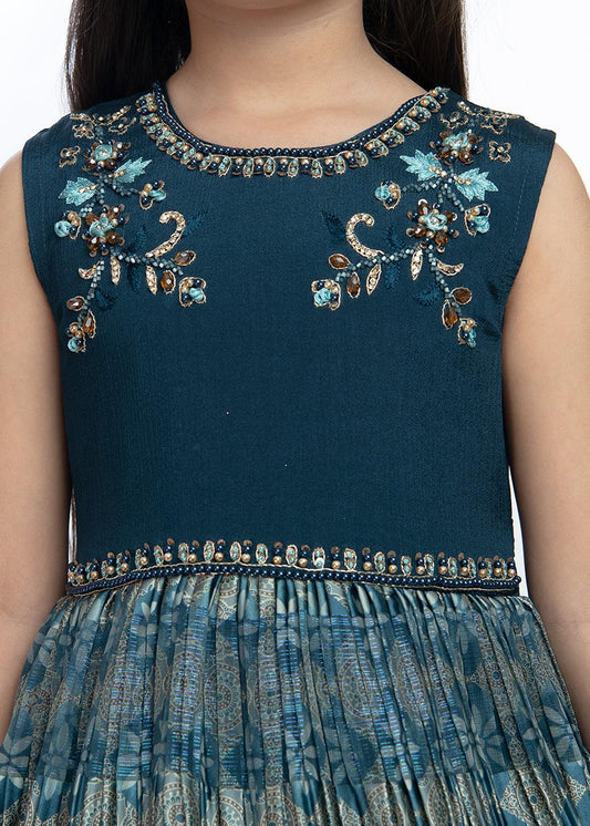 Teal Coloured Hand Embroidery Maxi Dress Gown For Girls - Betty Ethnic India - Gown - Betty Girls Wear Online