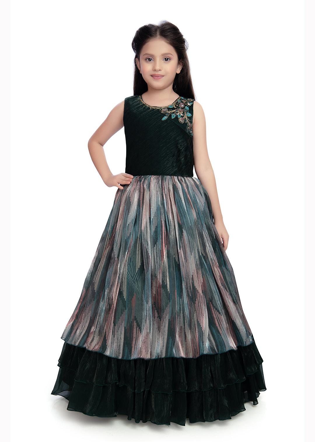Bottle Green Coloured Tissue Fabric Maxi Length Dress With Layer Style Gown For Girls - Betty Ethnic India - Gown - Betty Girls Wear Online